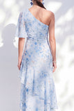 Blue Floral Ruffled Sheath Long One Shoulder Mother of the Bride Dress with Slit