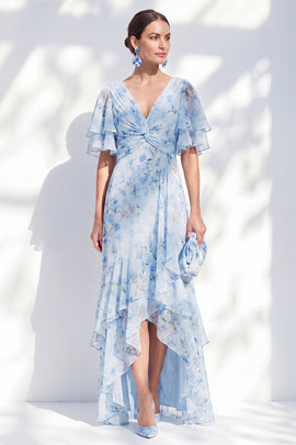 Blue High-Low Floral Mother of the Bride Dress with Sleeves Ruffled Sheath V-Neck Chiffon Beach Wedding Guest Dress