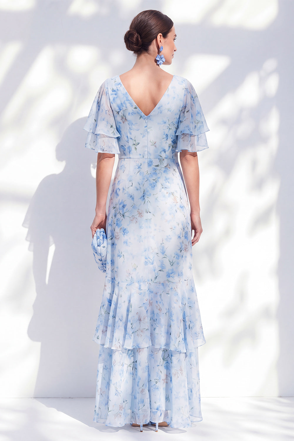 Blue Sheath Ruffled High-Low V-Neck Floral Mother of the Bride Dress with Sleeves