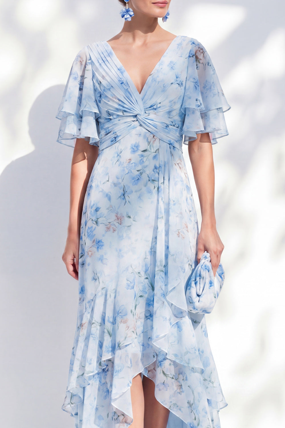 Blue Sheath Ruffled High-Low V-Neck Floral Mother of the Bride Dress with Sleeves