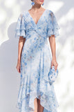 Blue Sheath Ruffled High-Low V-Neck Floral Mother of the Bride Dress with Sleeves