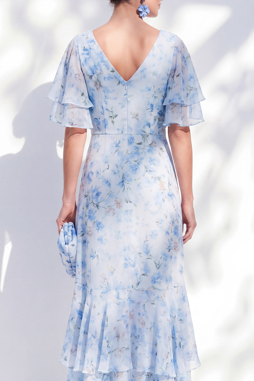 Blue Sheath Ruffled High-Low V-Neck Floral Mother of the Bride Dress with Sleeves