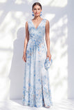 Blue Long Floral Mother of the Bride Dress with Slit A Line V-Neck Chiffon Beach Wedding Guest Dress