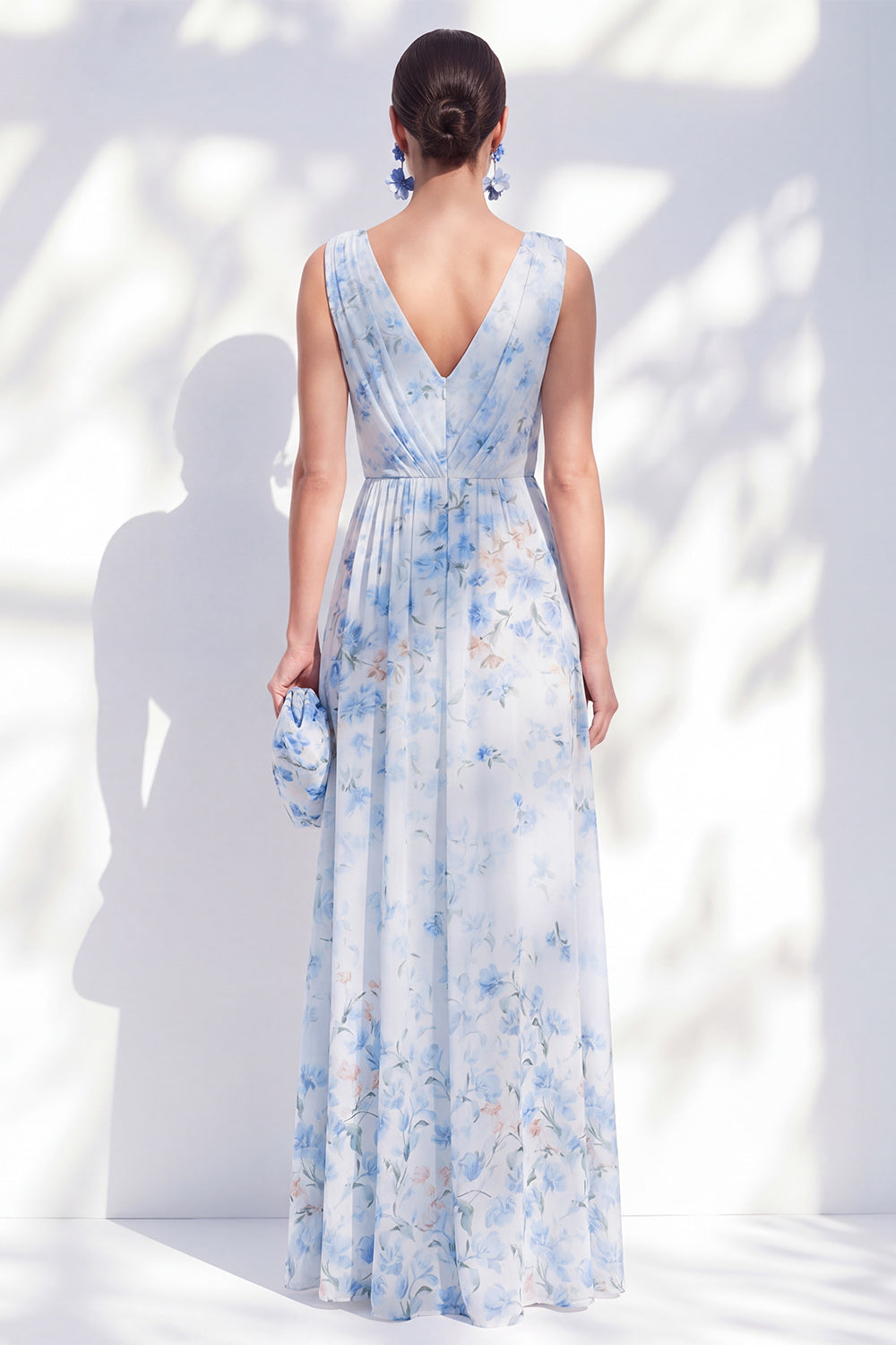 Blue Floral A Line Long V-Neck Mother of the Bride Dress with Slit