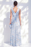 Blue Floral A Line Long V-Neck Mother of the Bride Dress with Slit