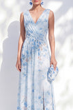 Blue Floral A Line Long V-Neck Mother of the Bride Dress with Slit
