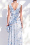 Blue Floral A Line Long V-Neck Mother of the Bride Dress with Slit