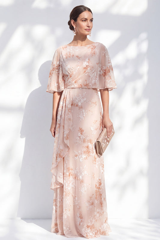 Champagne Sheath Ruffled Long Bateau Neck Floral Mother of the Bride Dress