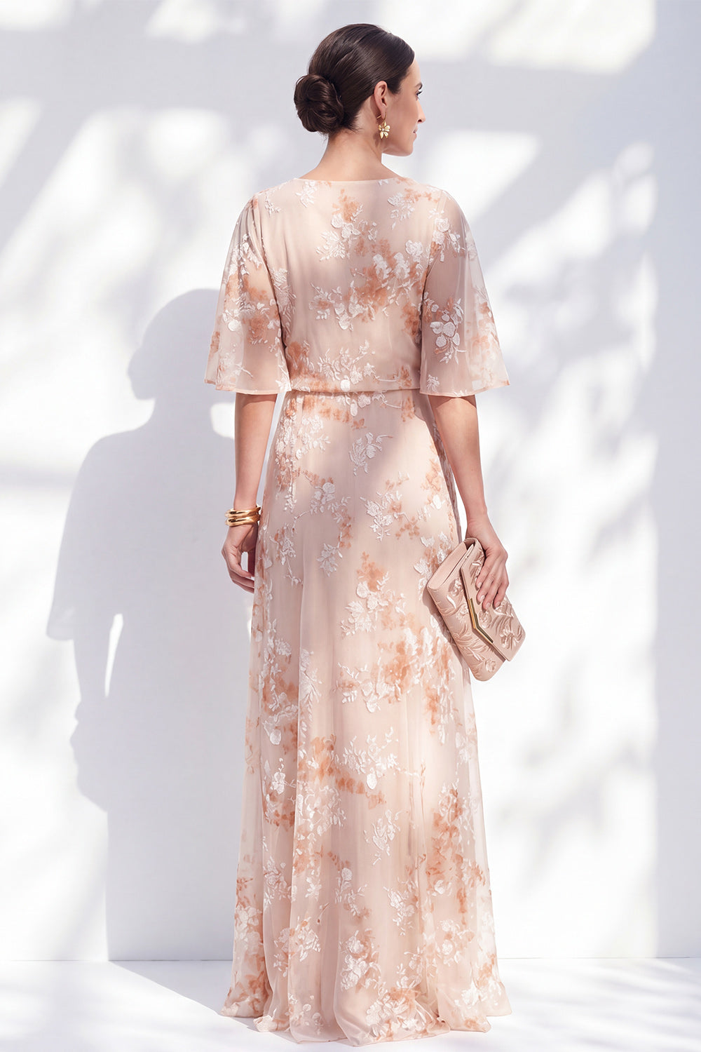 Champagne Sheath Ruffled Long Bateau Neck Floral Mother of the Bride Dress