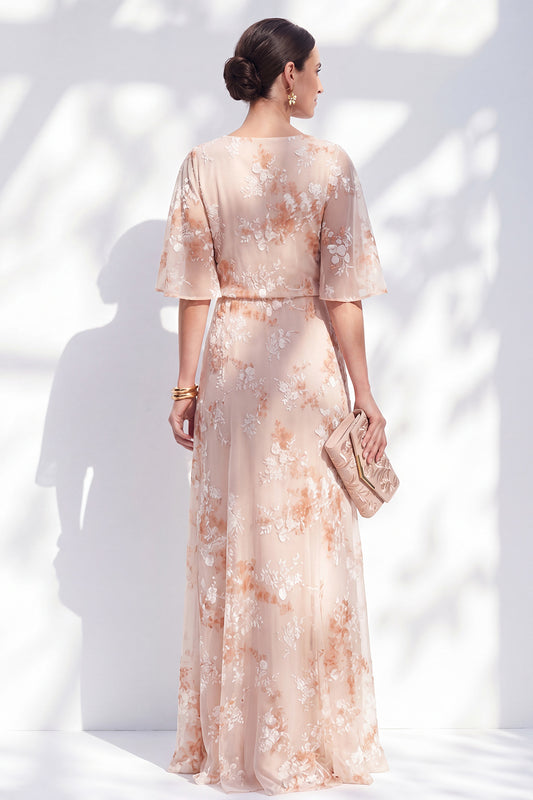 Champagne Sheath Ruffled Long Bateau Neck Floral Mother of the Bride Dress