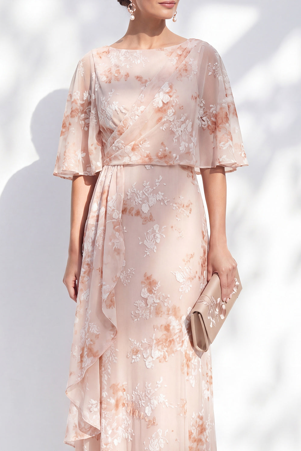 Champagne Sheath Ruffled Long Bateau Neck Floral Mother of the Bride Dress