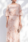 Champagne Sheath Ruffled Long Bateau Neck Floral Mother of the Bride Dress