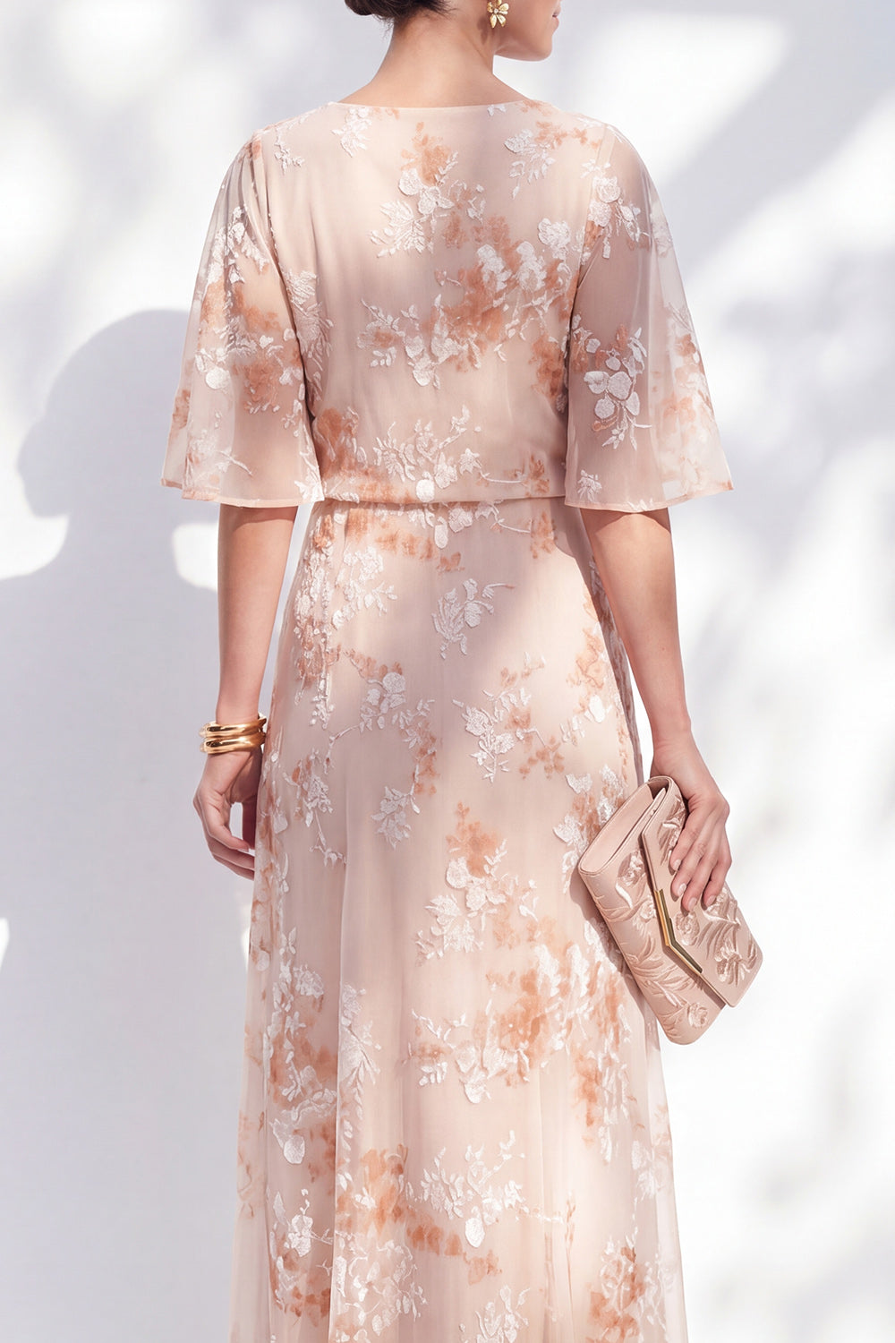 Champagne Sheath Ruffled Long Bateau Neck Floral Mother of the Bride Dress