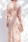 Champagne Sheath Ruffled Long Bateau Neck Floral Mother of the Bride Dress