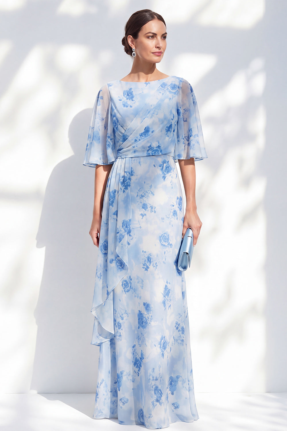 Light Blue Sheath Long Bateau Neck Floral Mother of the Bride Dress