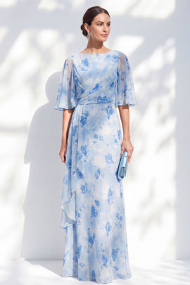 Light Blue Sheath Long Bateau Neck Floral Mother of the Bride Dress