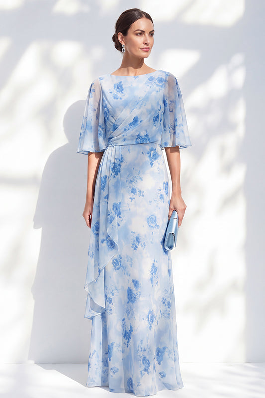 Light Blue Sheath Long Bateau Neck Floral Mother of the Bride Dress