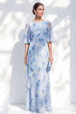 Light Blue Sheath Long Bateau Neck Floral Mother of the Bride Dress