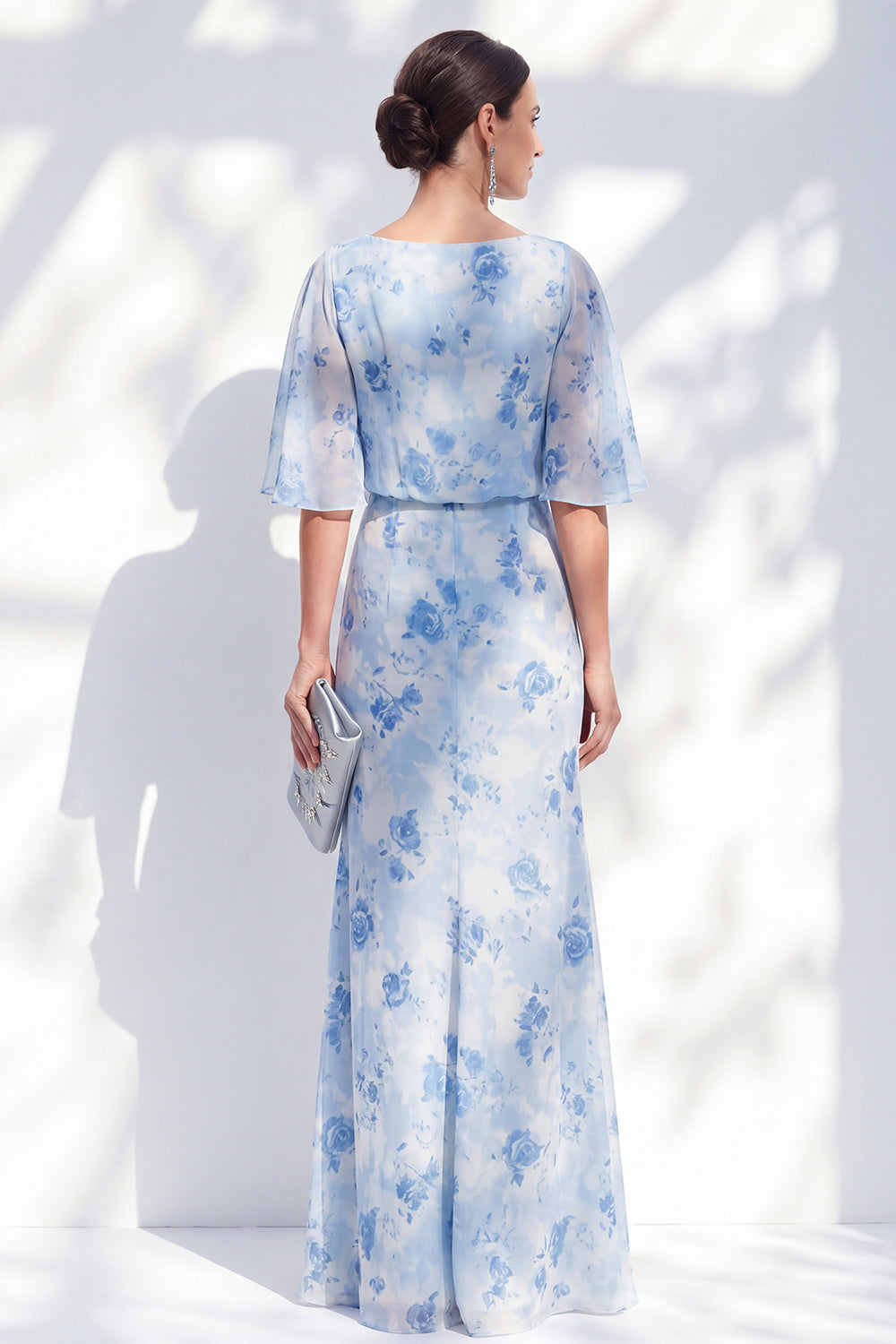 Zapakasa Women Light Blue Long Floral Mother of the Bride Dress Ruffled