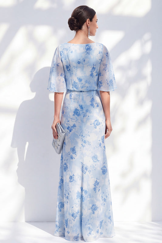 Light Blue Sheath Long Bateau Neck Floral Mother of the Bride Dress
