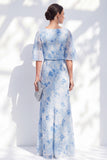 Light Blue Sheath Long Bateau Neck Floral Mother of the Bride Dress