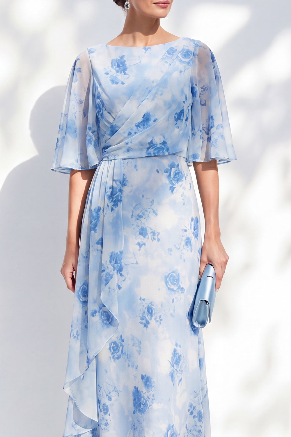 Light Blue Sheath Long Bateau Neck Floral Mother of the Bride Dress