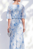 Light Blue Sheath Long Bateau Neck Floral Mother of the Bride Dress