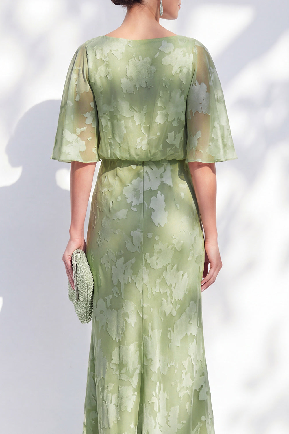 Sage Green Sheath Bateau Neck Long Floral Mother of the Bride Dress