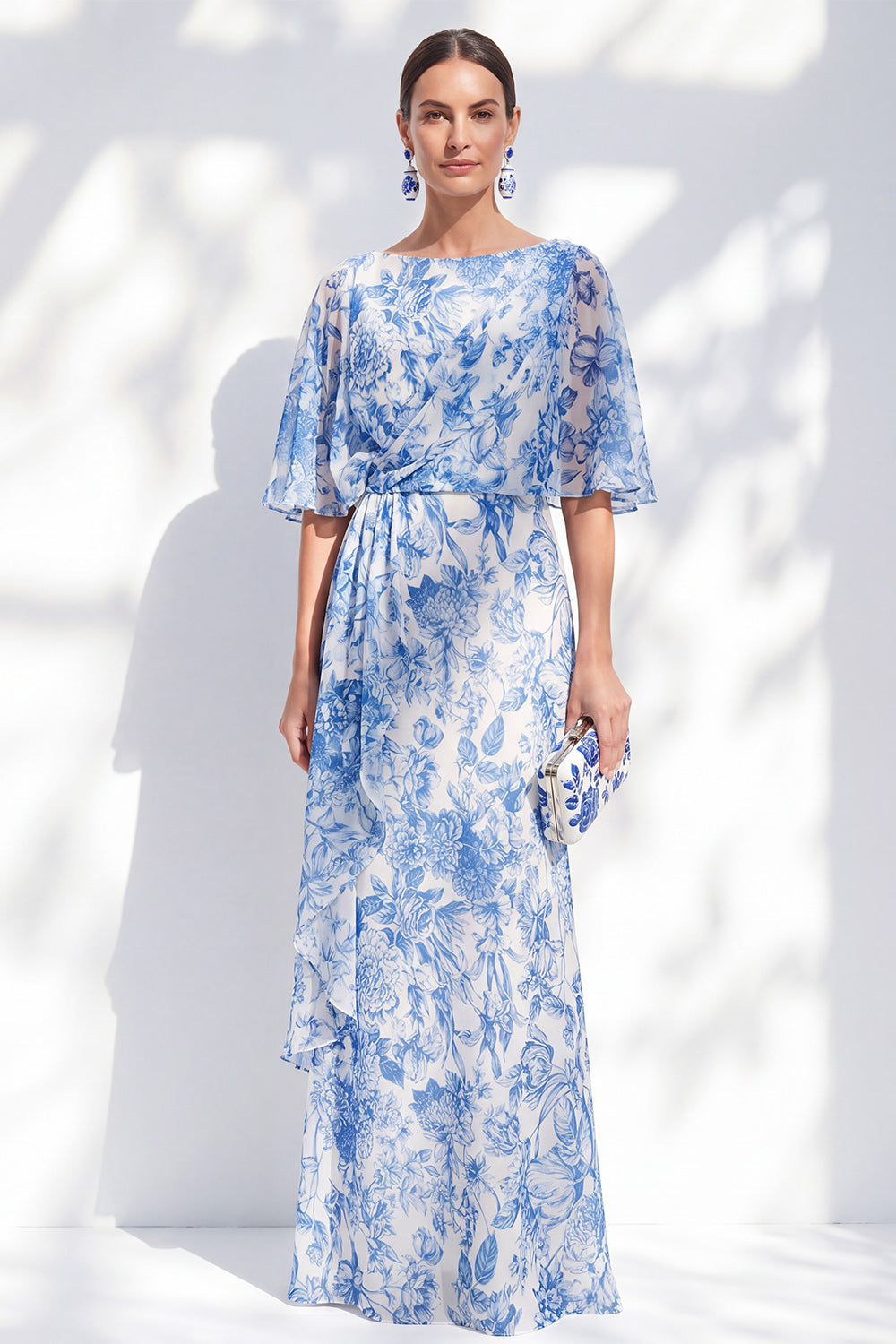 Sheath Bateau Neck Long White Blue Flower Mother of the Bride Dress