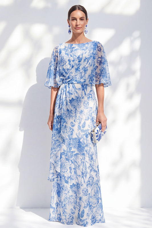 Sheath Bateau Neck Long White Blue Flower Mother of the Bride Dress