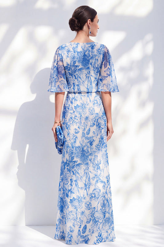 Sheath Bateau Neck Long White Blue Flower Mother of the Bride Dress