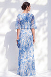 Sheath Bateau Neck Long White Blue Flower Mother of the Bride Dress