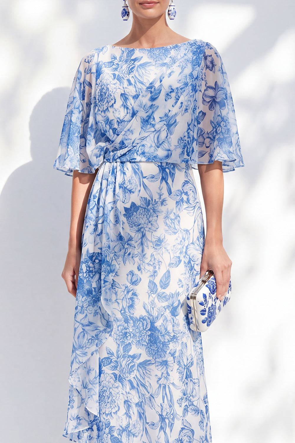 Sheath Bateau Neck Long White Blue Flower Mother of the Bride Dress