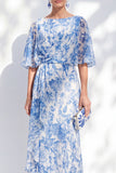 Sheath Bateau Neck Long White Blue Flower Mother of the Bride Dress