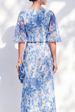 Sheath Bateau Neck Long White Blue Flower Mother of the Bride Dress