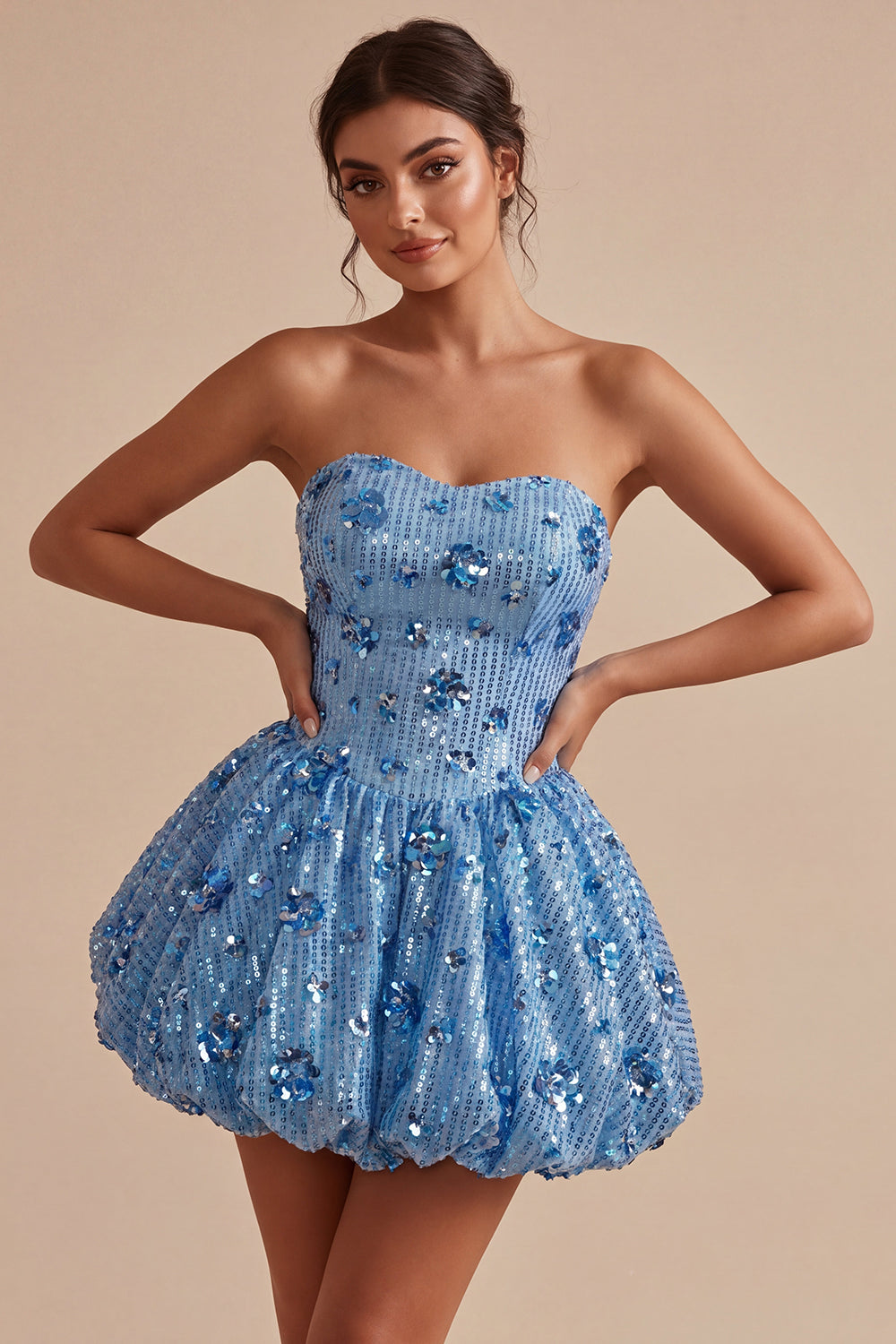 Sparkly Sky Blue Floral A Line Short Strapless Sequin Homecoming Dress
