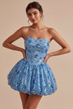 Sparkly Sky Blue Floral A Line Short Strapless Sequin Homecoming Dress