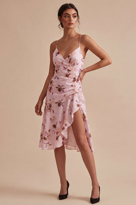 Floral Spaghetti Straps A Line Pink Short Homecoming Dress with Ruffles