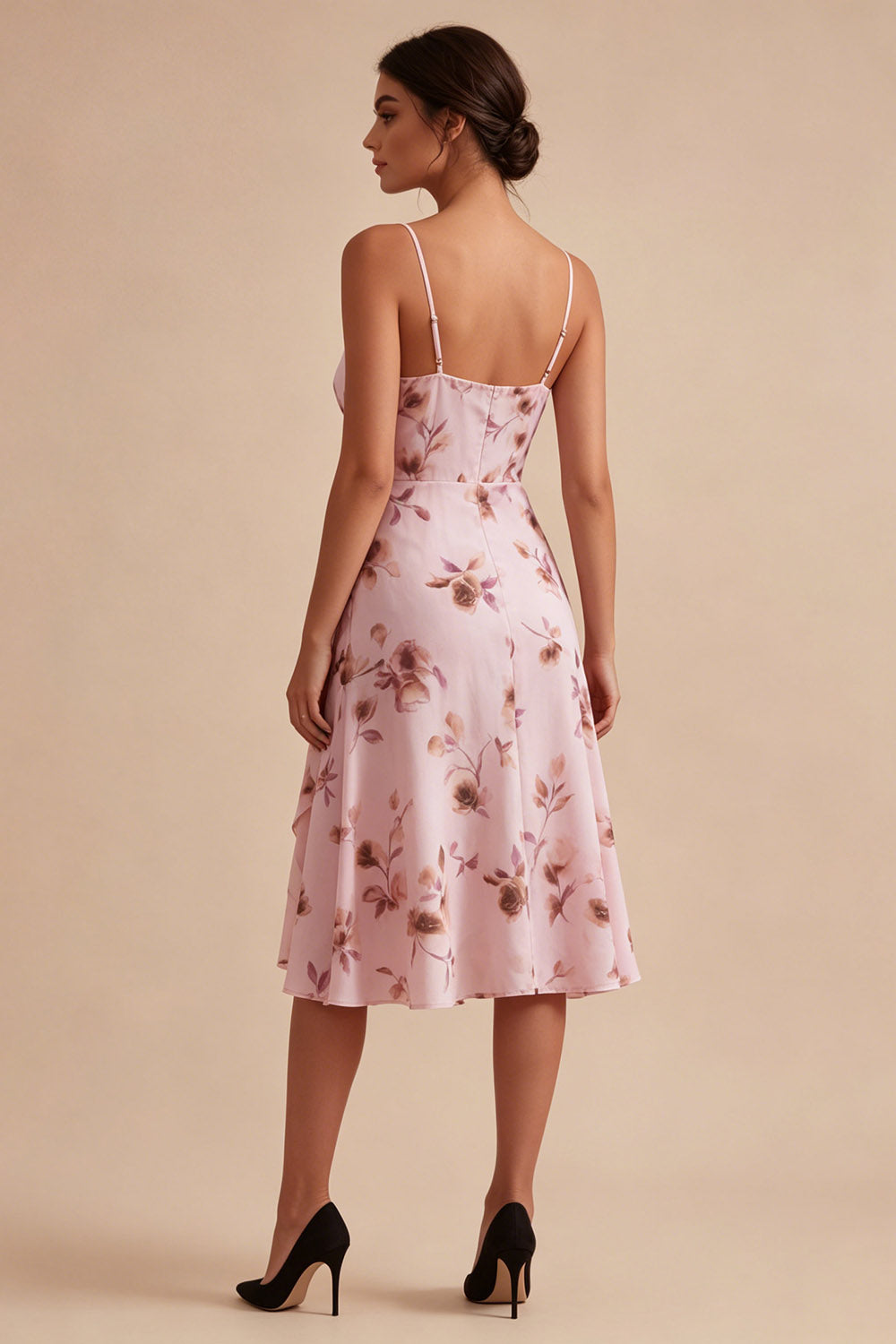 Floral Spaghetti Straps A Line Pink Short Homecoming Dress with Ruffles