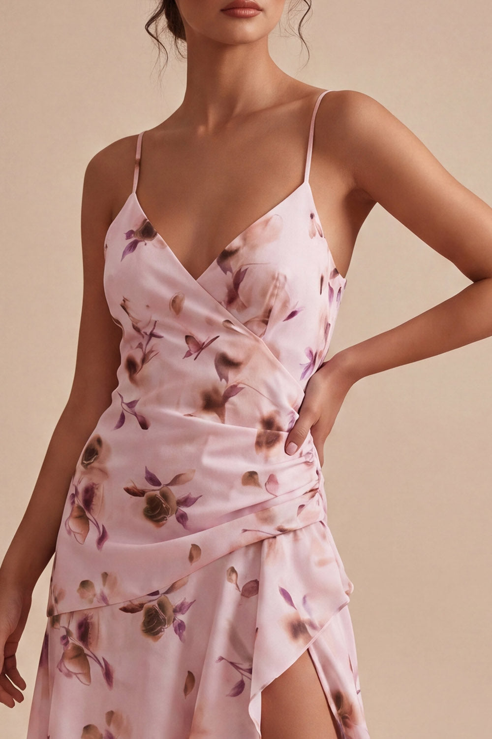 Floral Spaghetti Straps A Line Pink Short Homecoming Dress with Ruffles