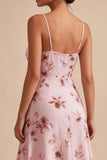 Floral Spaghetti Straps A Line Pink Short Homecoming Dress with Ruffles