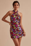 Floral Sparkly Black Tight Short Sequin Halter Backless Homecoming Dress
