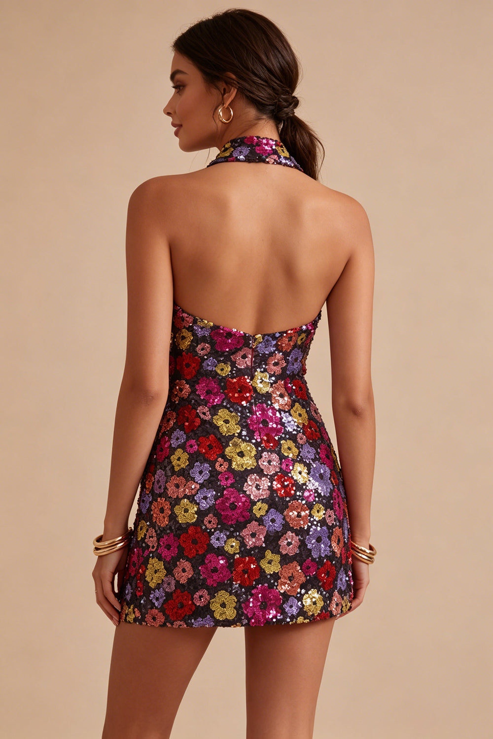 Floral Sparkly Black Tight Short Sequin Halter Backless Homecoming Dress