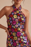 Floral Sparkly Black Tight Short Sequin Halter Backless Homecoming Dress