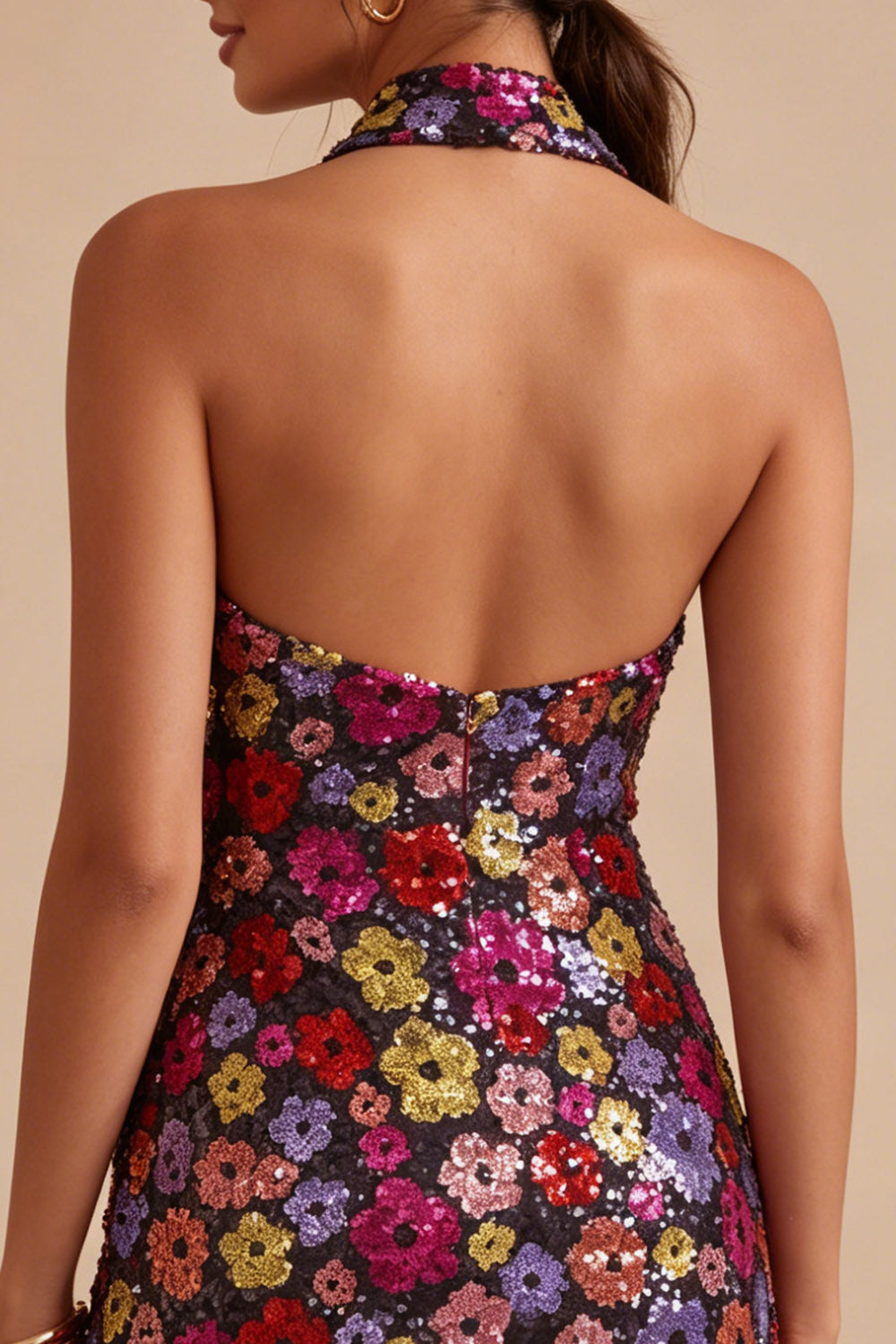 Floral Sparkly Black Tight Short Sequin Halter Backless Homecoming Dress