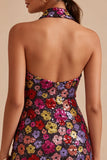 Floral Sparkly Black Tight Short Sequin Halter Backless Homecoming Dress