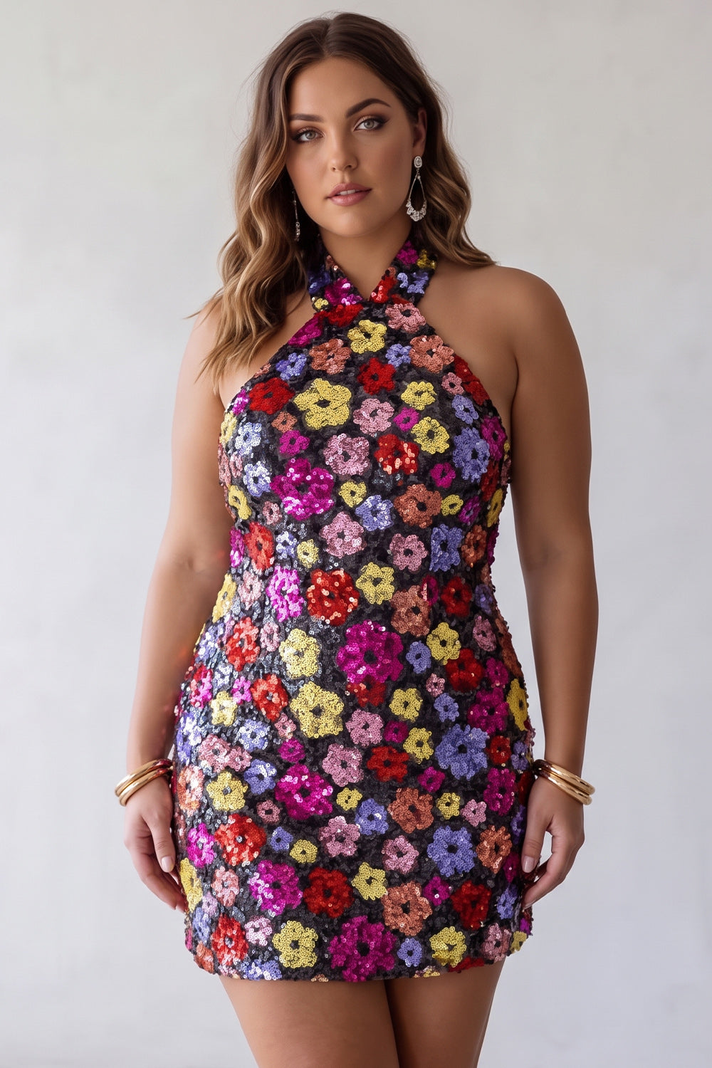 Floral Sparkly Black Tight Short Sequin Halter Backless Homecoming Dress