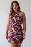 Floral Sparkly Black Tight Short Sequin Halter Backless Homecoming Dress