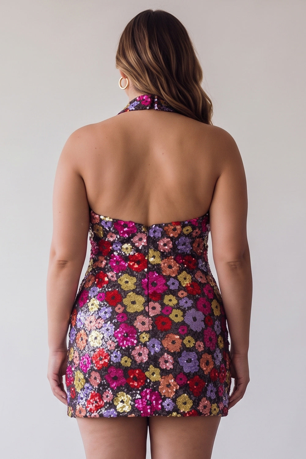 Floral Sparkly Black Tight Short Sequin Halter Backless Homecoming Dress