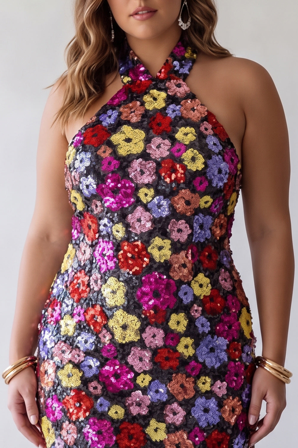 Floral Sparkly Black Tight Short Sequin Halter Backless Homecoming Dress